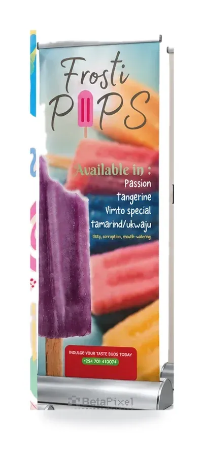 Roll-up banner for an ice-pop brand listing flavours over a photo of frozen pops