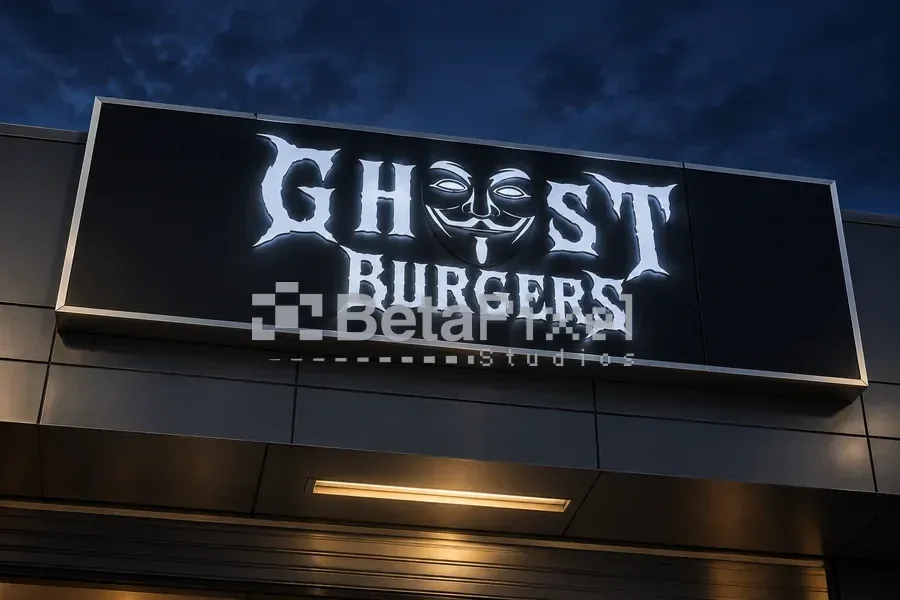 Illuminated restaurant shop sign with glowing white 3D letters and a mask logo on a black fascia at dusk
