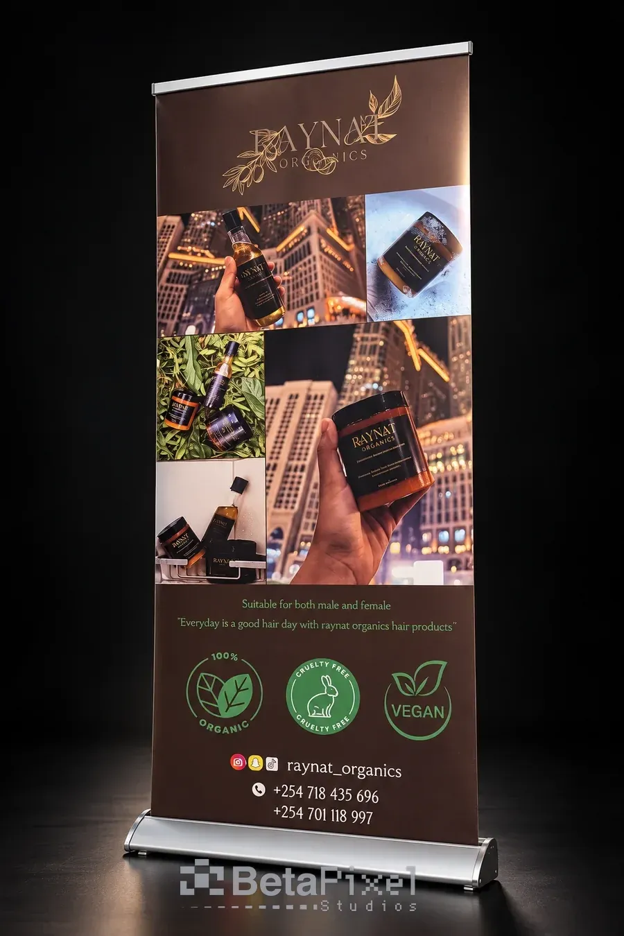 Dark roll-up banner for an organic hair-care brand with product photos, organic and vegan badges and contacts