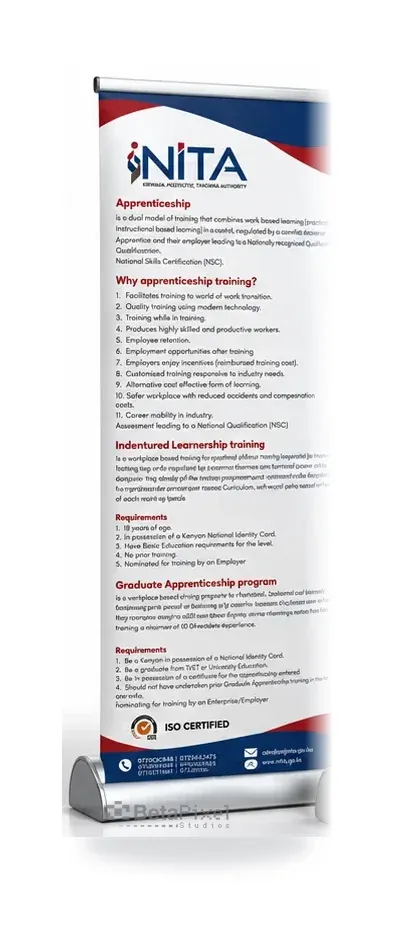 Roll-up banner explaining apprenticeship and training programmes for a national training authority