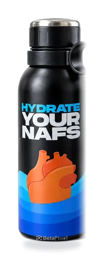 Black stainless steel water bottle with a full-colour illustrated UV DTF sticker design