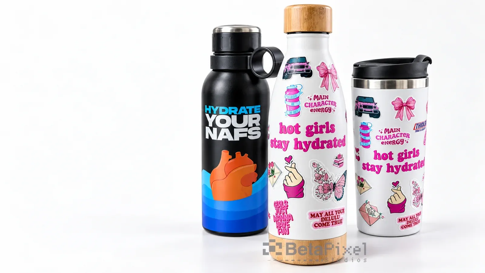 Black steel water bottle, white bamboo-lid bottle and steel travel tumbler branded with colourful UV DTF sticker designs