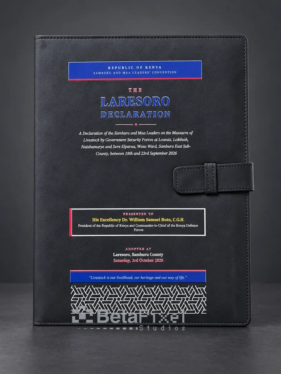 Black leather presentation folder with a ceremonial declaration cover applied in UV DTF, with gold lettering and coloured bands