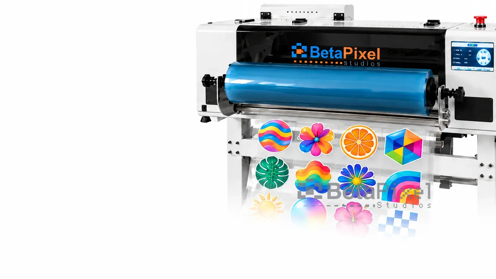 UV DTF printer printing a sheet of full-colour sticker designs onto clear transfer film