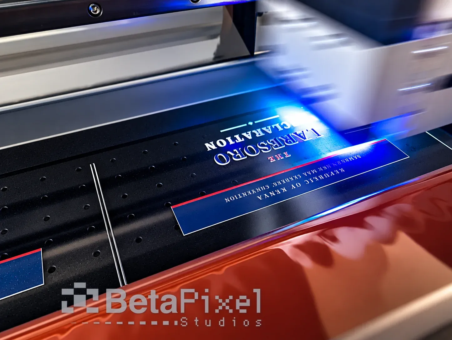 UV DTF printer printing a declaration cover design onto transfer film, with the UV lamp curing the ink as the print head passes