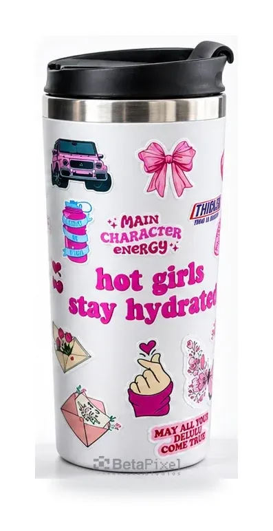 Steel travel tumbler with a matching collage of UV DTF sticker designs