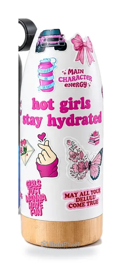 White bamboo-lid water bottle covered in pink UV DTF magic sticker graphics and slogans