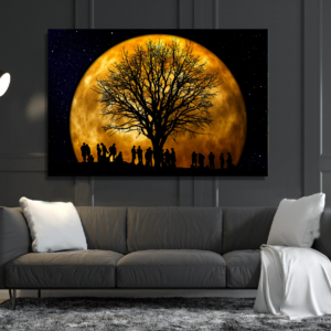 Serene Moonlit Night - Acrylic Glass Print with Silhouette Tree and People Acrylic Glass Print