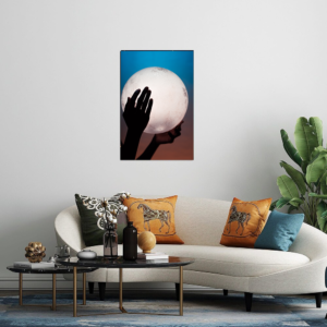 Celestial Embrace: Hands Holding the Moon” Acrylic Glass Print