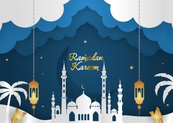 Ramadan Kareem Islamic style blue color background with element